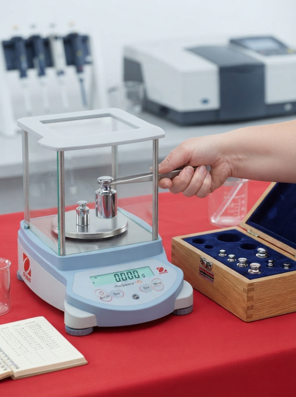 Scale Calibration : Precision digital balance with a set of chrome calibration weights