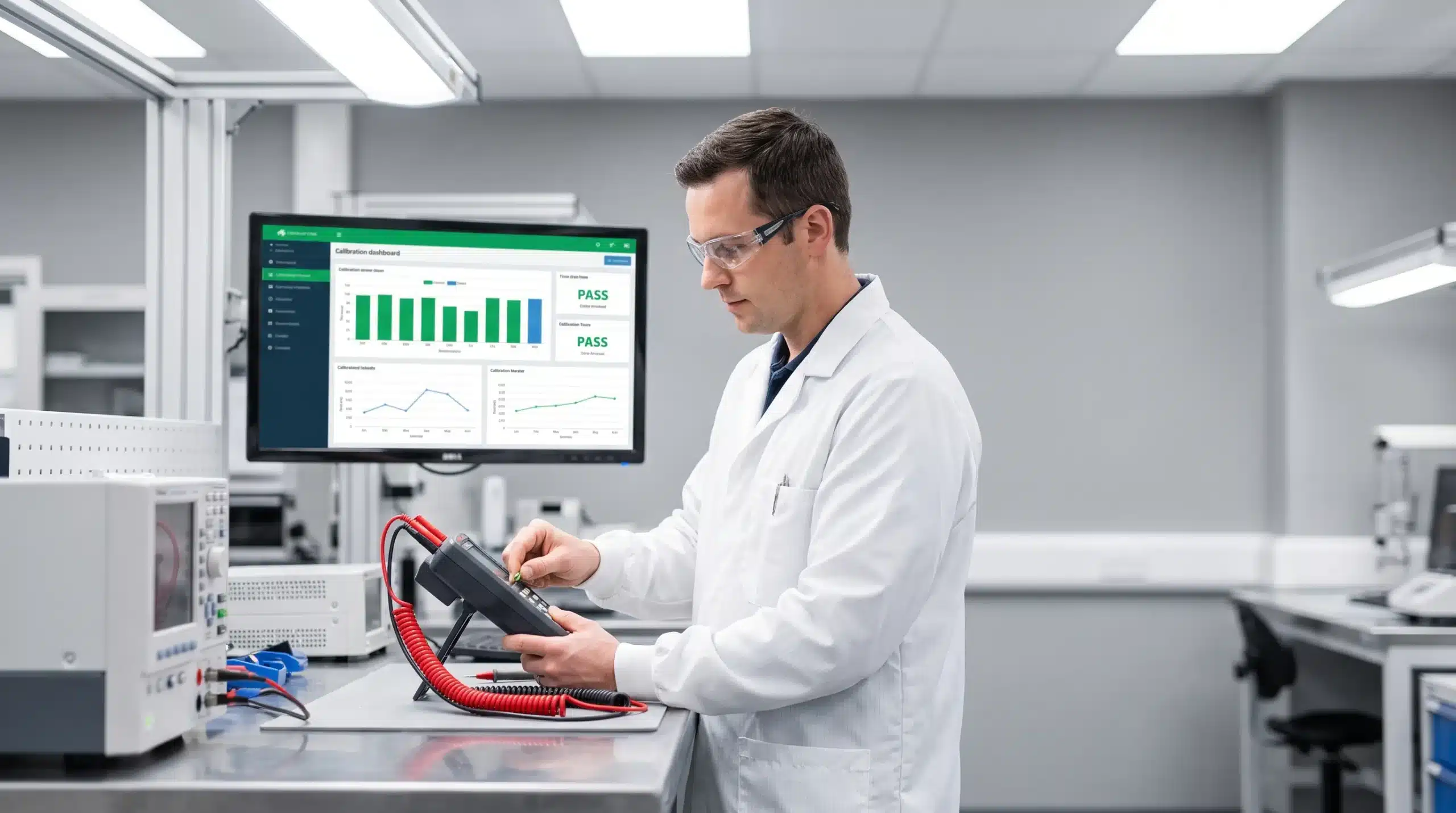 A calibration technician reviewing calibration management software results on a lab monitor