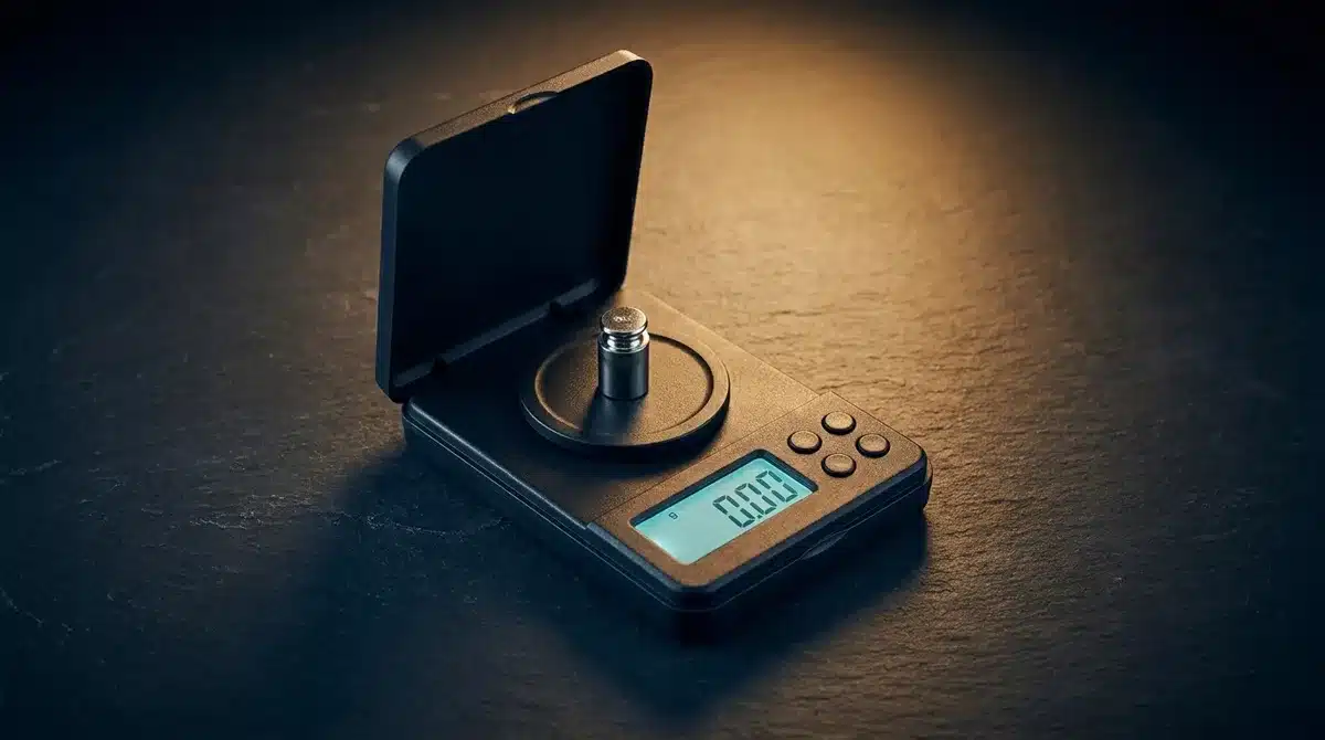 Placing a calibration weight on the Cen-Tech 93543 digital pocket scale