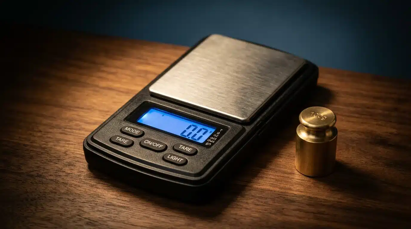 Cen-Tech digital scale — placing a 200g calibration weight on the stainless steel platform