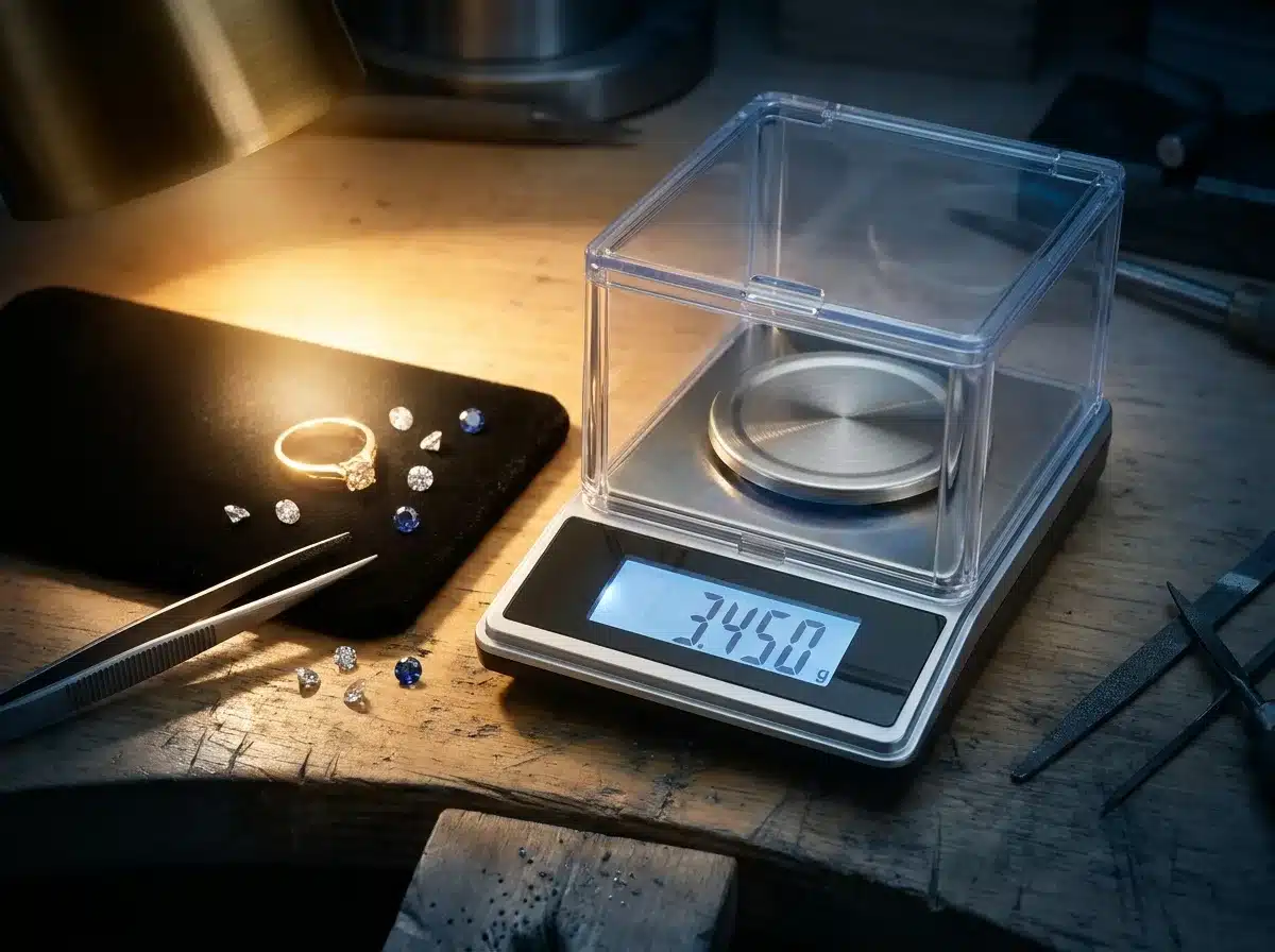 How to calibrate a jewelry scale — placing a calibration weight with tweezers