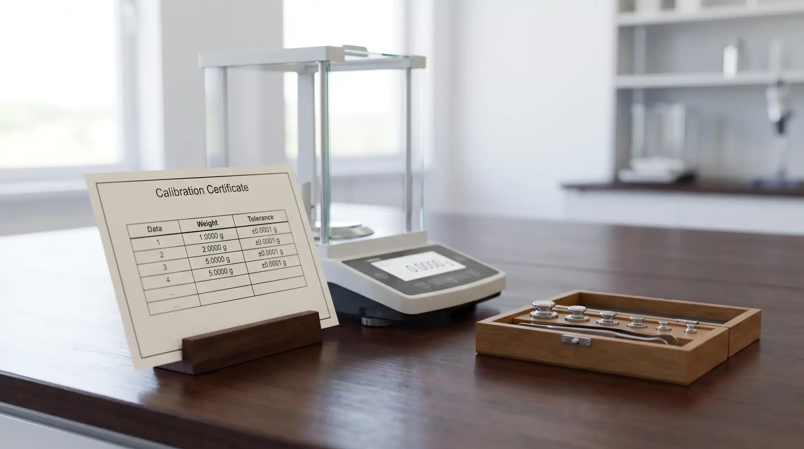 A calibration certificate beside an analytical balance verified under ISO 17025 accreditation