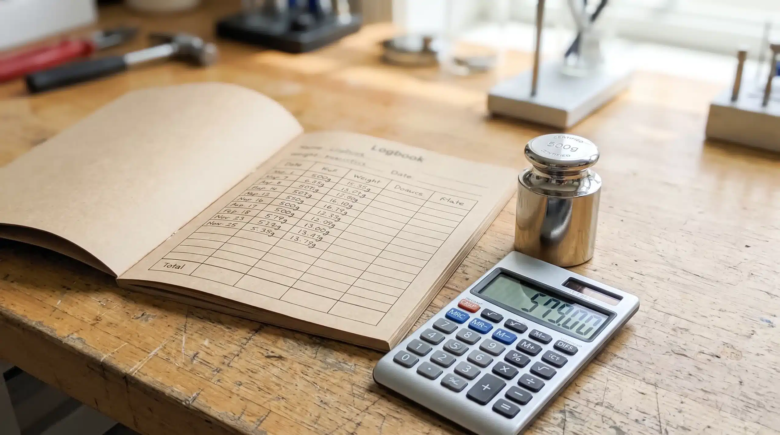 A calibration logbook and calculator showing a NIST calibration certificate cost total