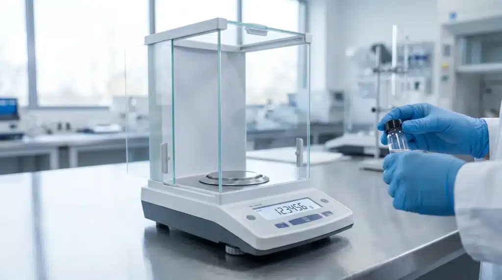 analytical balance on a lab bench with its glass draft shield doors open, displaying a weight reading to four decimal places