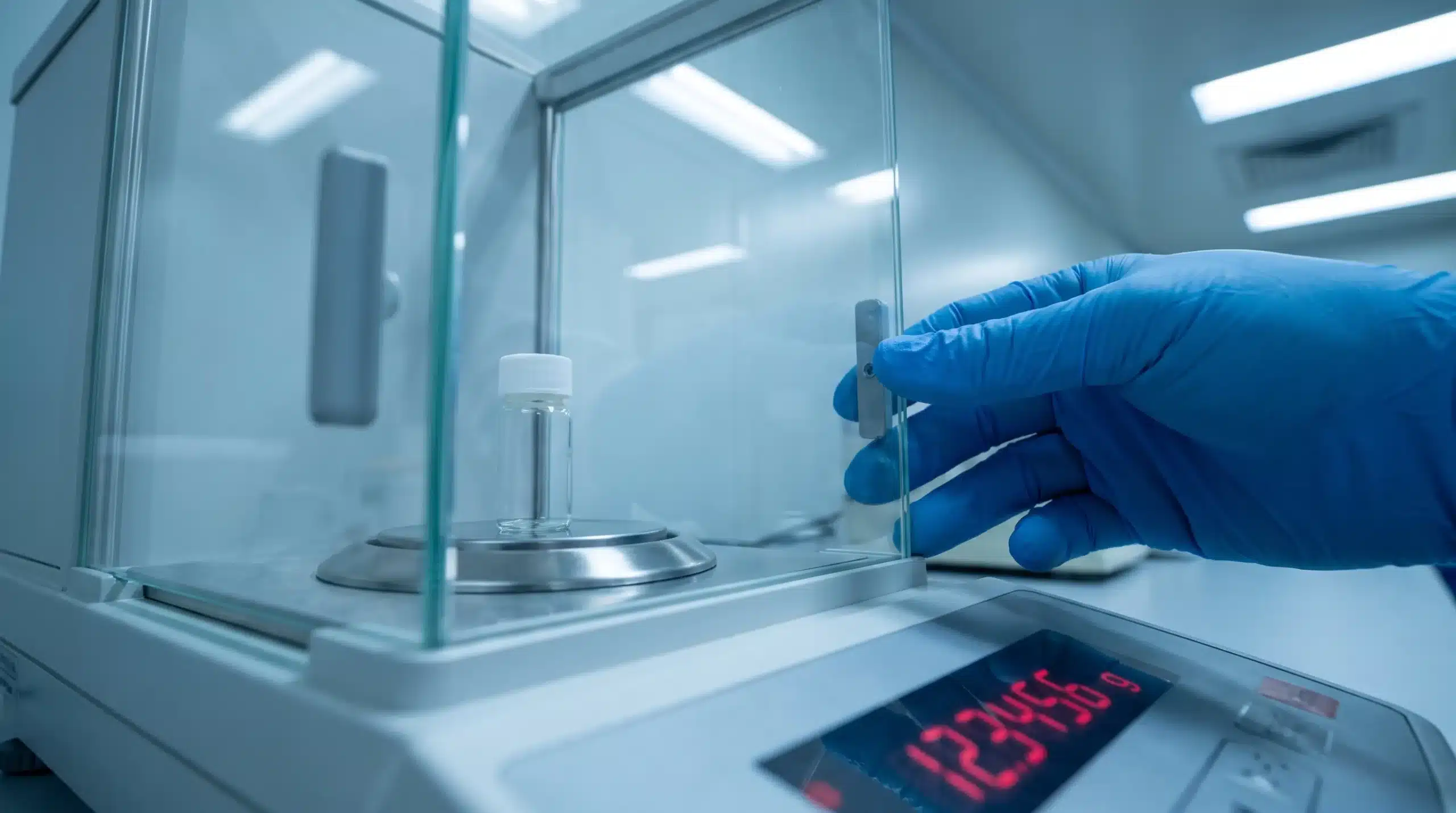 Analytical Balance: How It Works, and What to Buy 1 A gloved hand adjusting the glass draft shield door of an analytical balance, with a small sample vial visible on the weighing pan