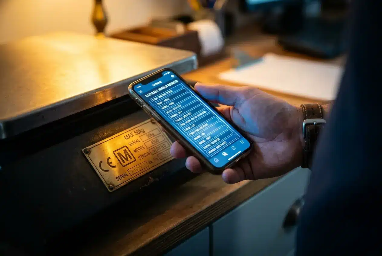 A hand holding a phone showing a notified-body database search result beside a weighing scale's marked data plate