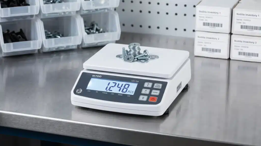 Counting scales on a workbench showing a piece count of a pile of metal parts