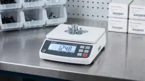 Counting scales on a workbench showing a piece count of a pile of metal parts