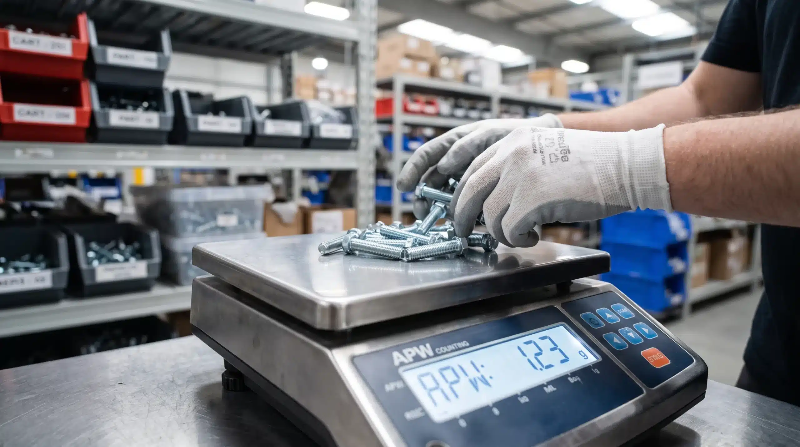 Counting Scales: How They Actually Work, and What to Buy 1 A worker's hands placing a sample of identical metal bolts onto a counting scale's platform, display showing the average piece weight