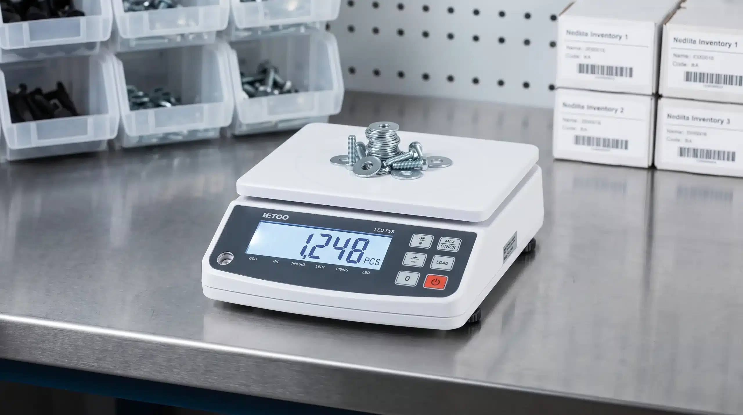 Counting scales on a workbench showing a piece count of a pile of metal parts