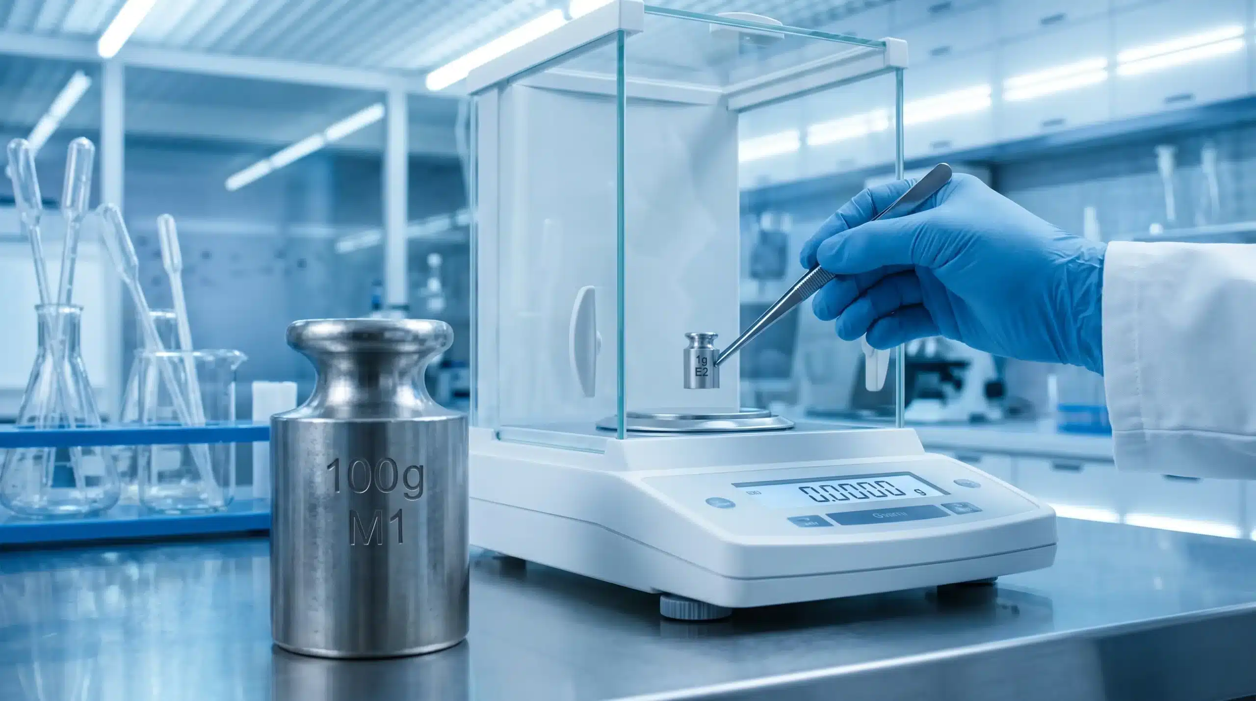 Tiny precision E2 class weights into an analytical balance next to an oversized M1 industrial weight