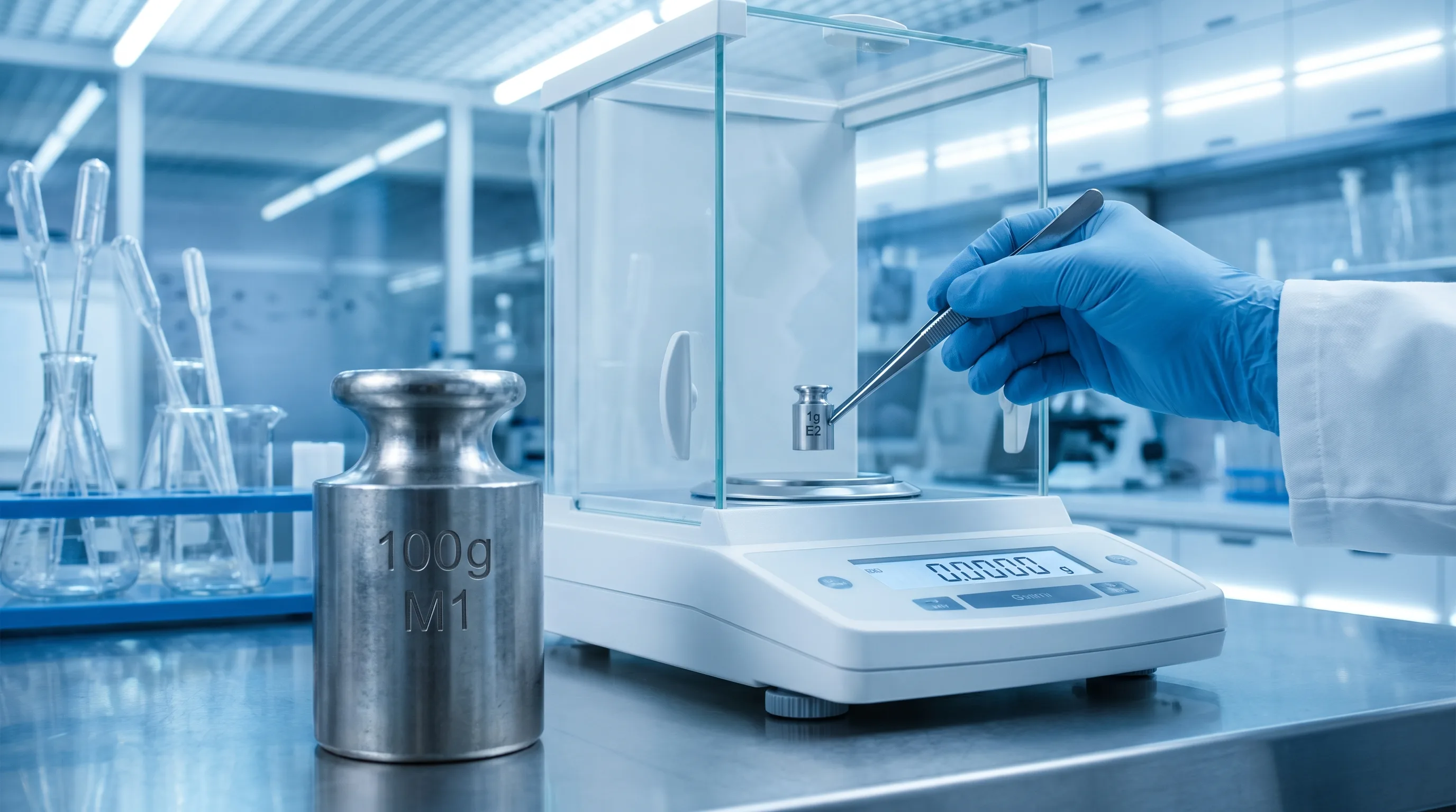 A nested set of small E2 class calibration weights arranged on an analytical balance pan