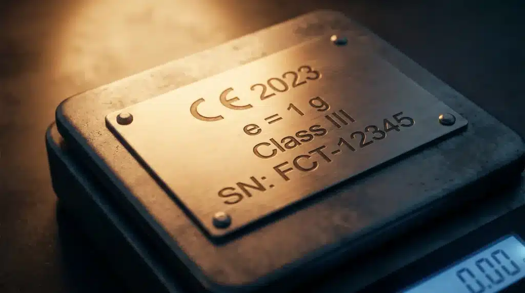 en-45501-weighing-instruments-A Class III trade scale's data plate showing its verification scale interval and accuracy class markings
