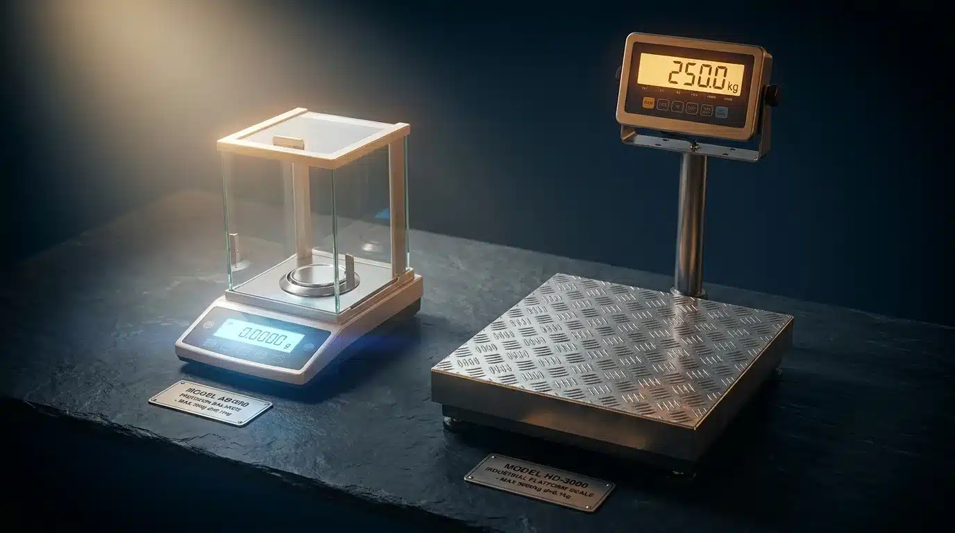 A digital laboratory balance beside a heavier trade scale, illustrating the different accuracy classes EN 45501 defines