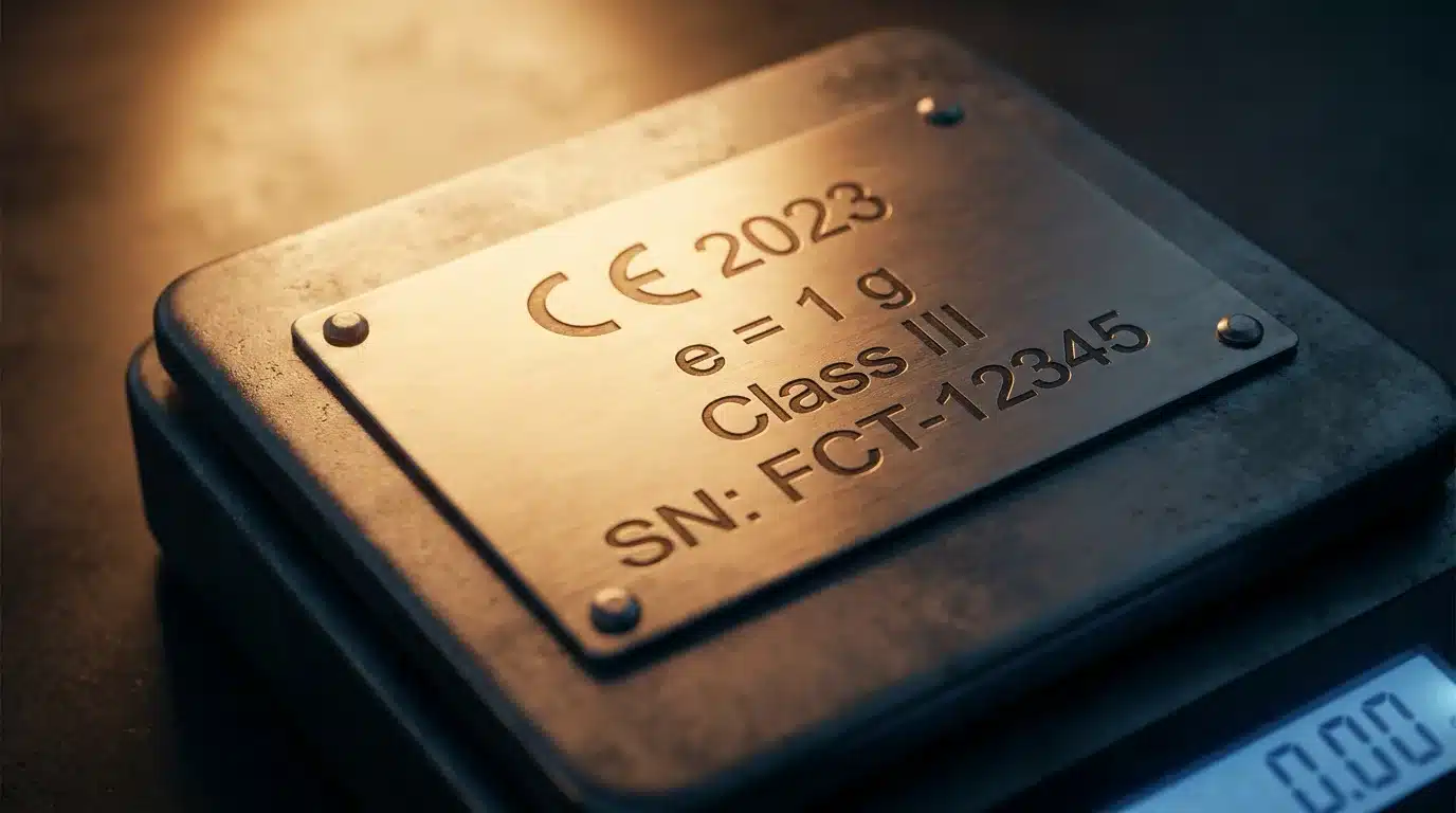 en-45501-weighing-instruments-A Class III trade scale's data plate showing its verification scale interval and accuracy class markings