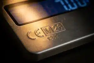 EU Weighing Scale Regulations: A close-up of a European retail scale's data plate showing the CE mark, M mark, and notified body number