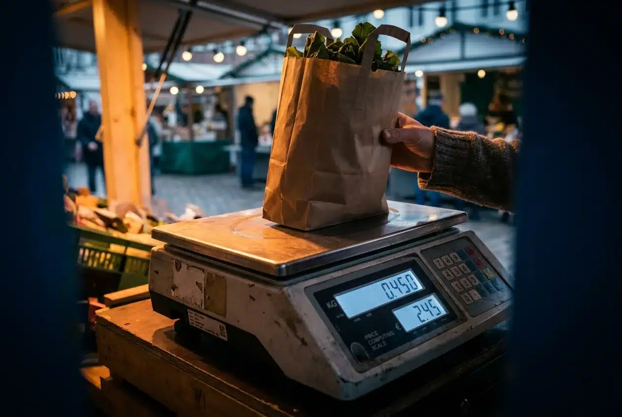 A hand placing a bag of produce onto a European price-computing market scale showing a live price calculation