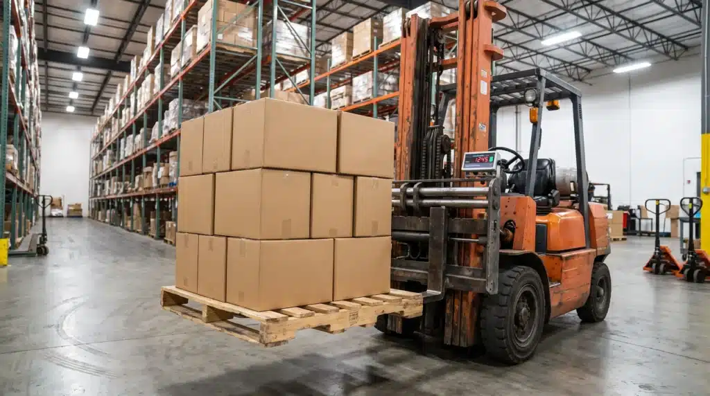 Forklift scales fitted on a forklift lifting a pallet with a load-cell weight display mounted on the mast