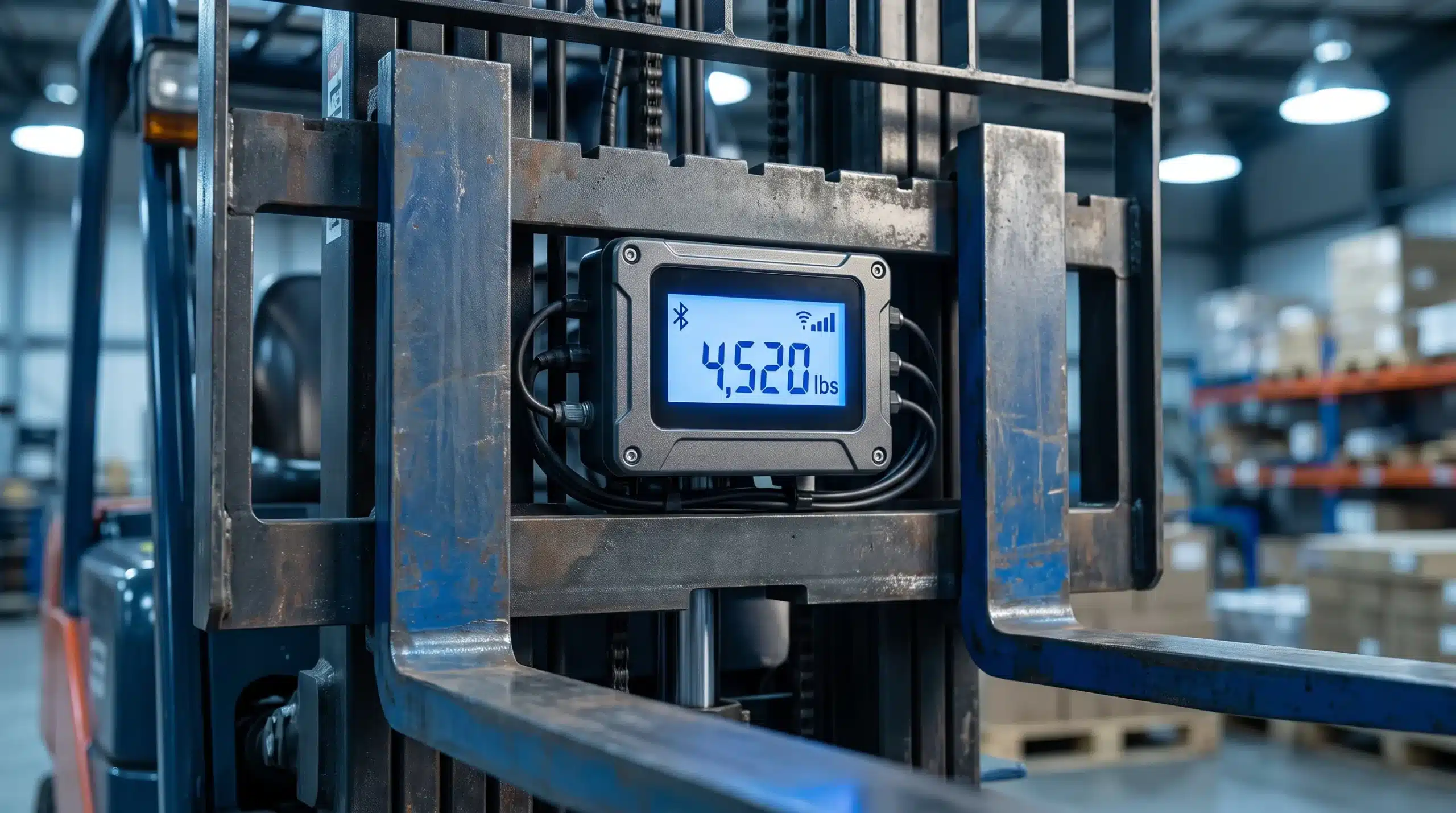 Forklift Scales: Hydraulic vs. Load Cell, and What They Cost 1 A close-up of a wireless load-cell display mounted on a forklift's carriage, showing a weight reading in pounds