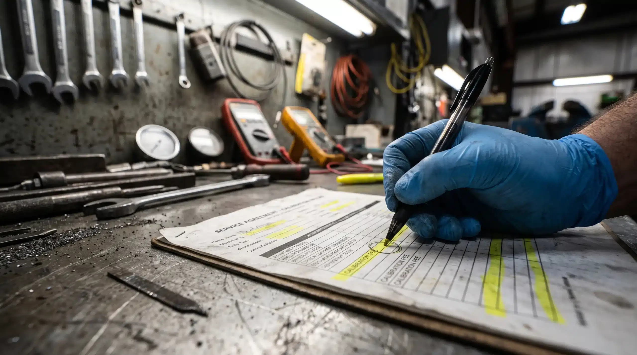 A technician circling a hidden fee line item on a heavy-duty calibration services contract