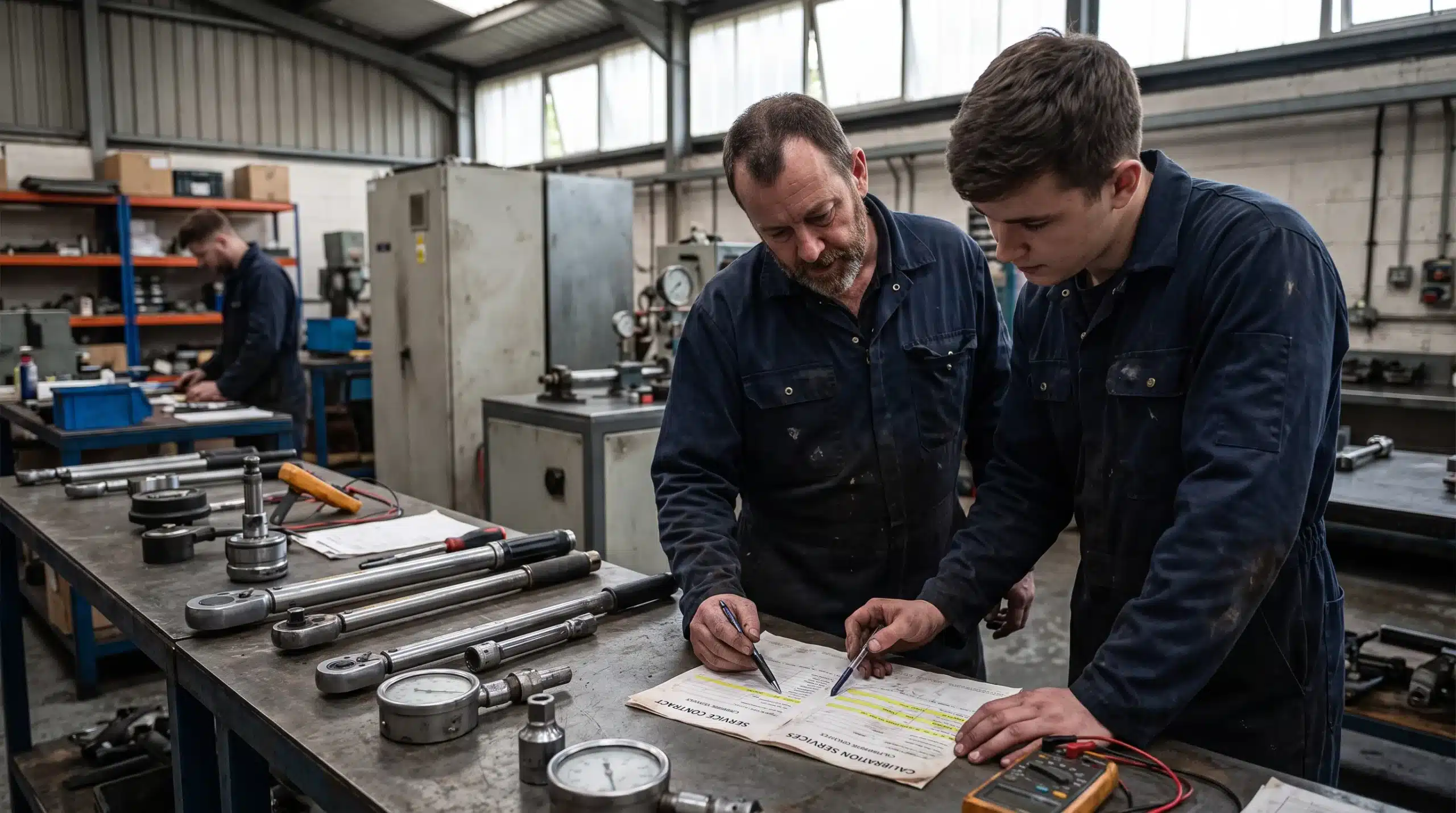 Technicians reviewing a heavy-duty calibration services contract for hidden fees
