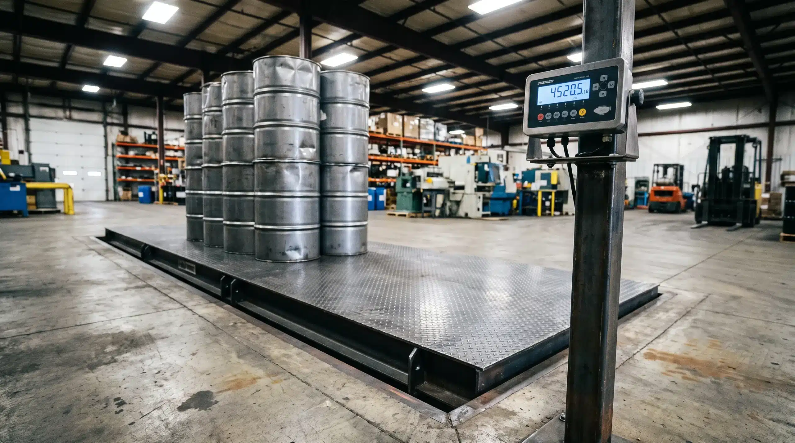 industrial scales embedded in a warehouse floor with steel drums on the platform
