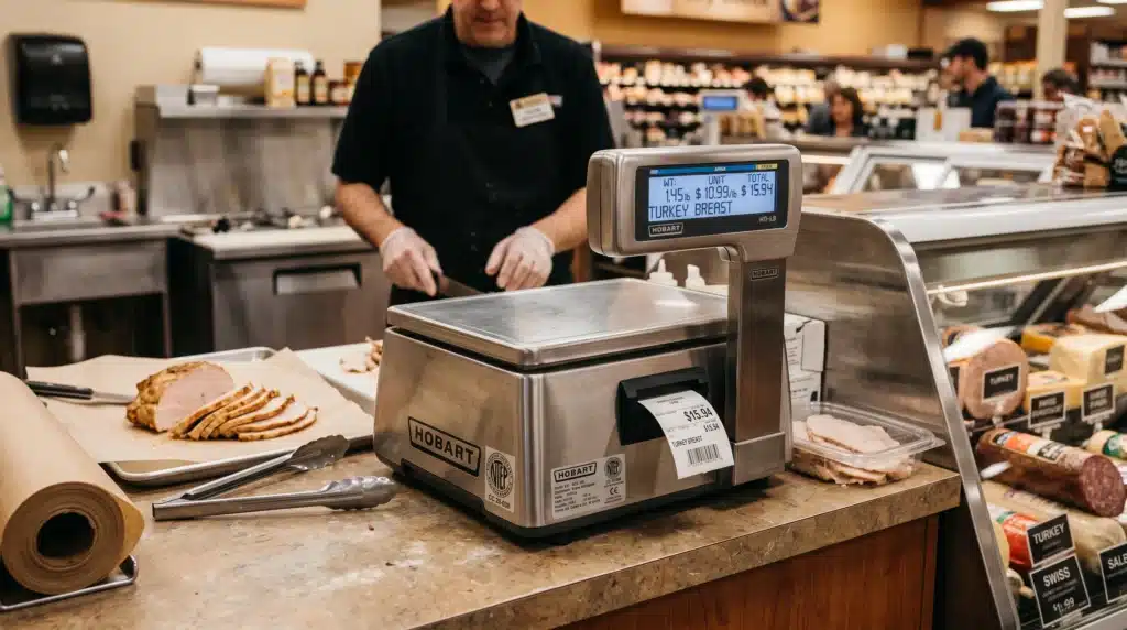 Legal for trade scales uk -approved UK retail scale printing a price label, with its M mark visible on the nameplate