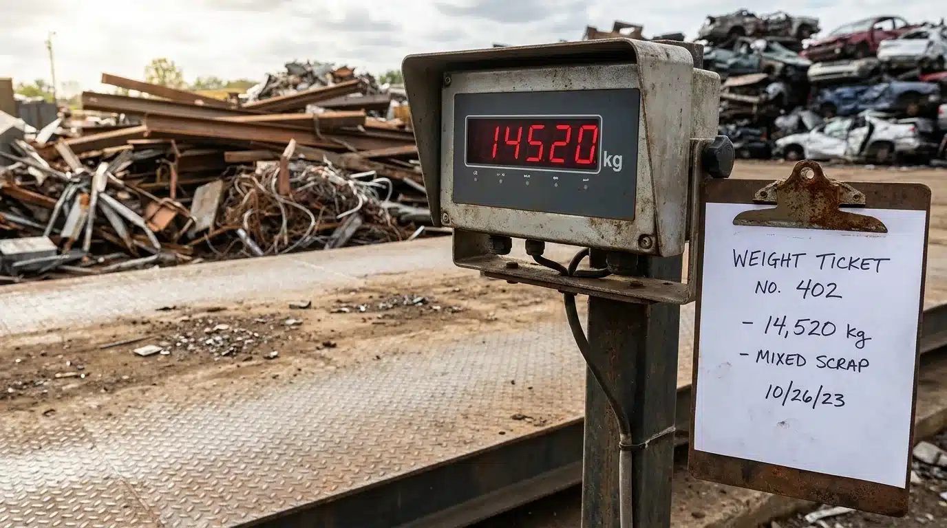 A scrap yard weighbridge readout and handwritten weight ticket used to price a trade transaction