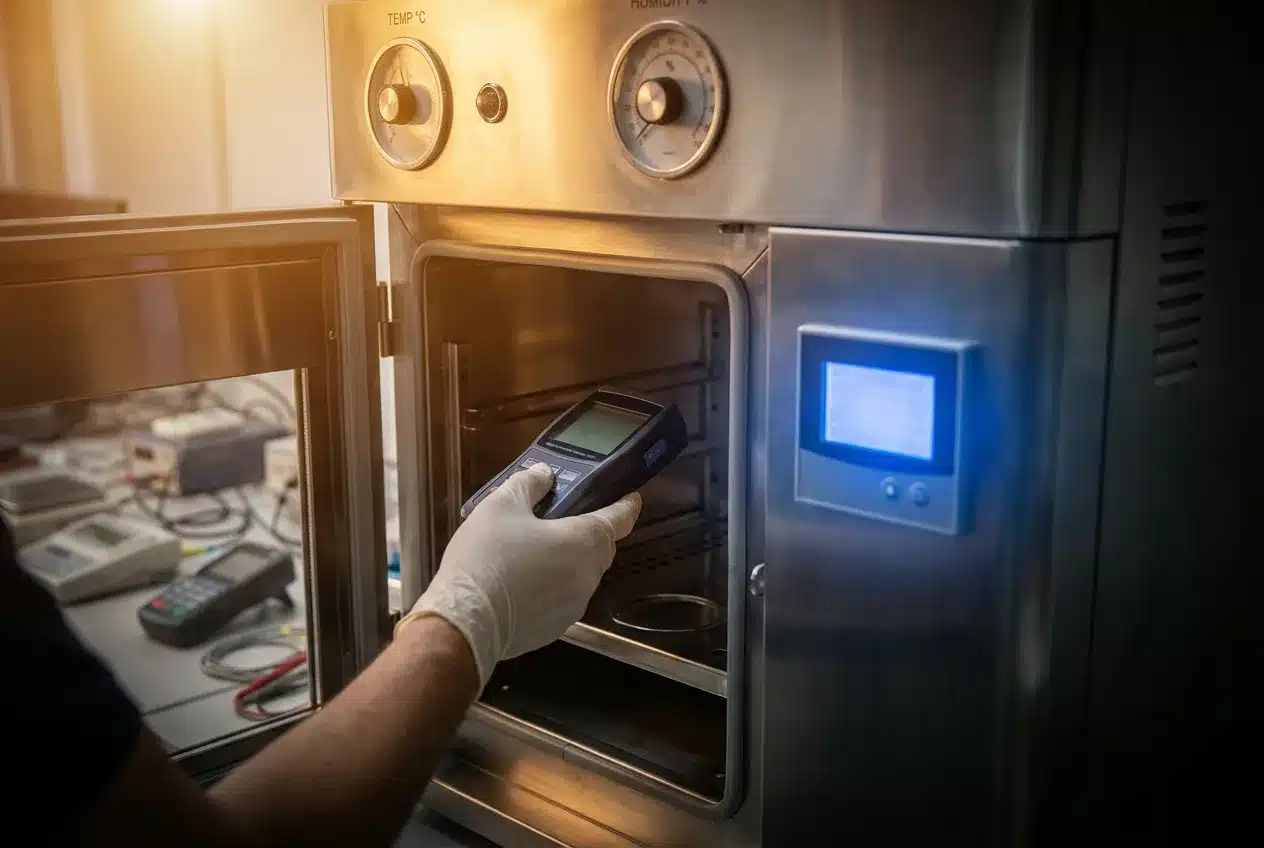 A calibration test lab technician placing a non-automatic weighing instrument into an environmental test chamber