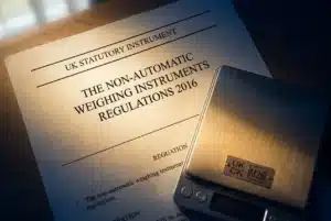 The printed text of the NAWI Regulations UK (SI 2016/1152) beside a weighing instrument carrying its UK marking