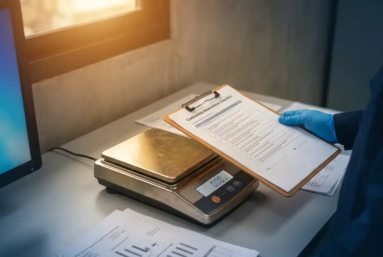 A conformity assessment technician examining a weighing instrument's technical documentation against a checklist