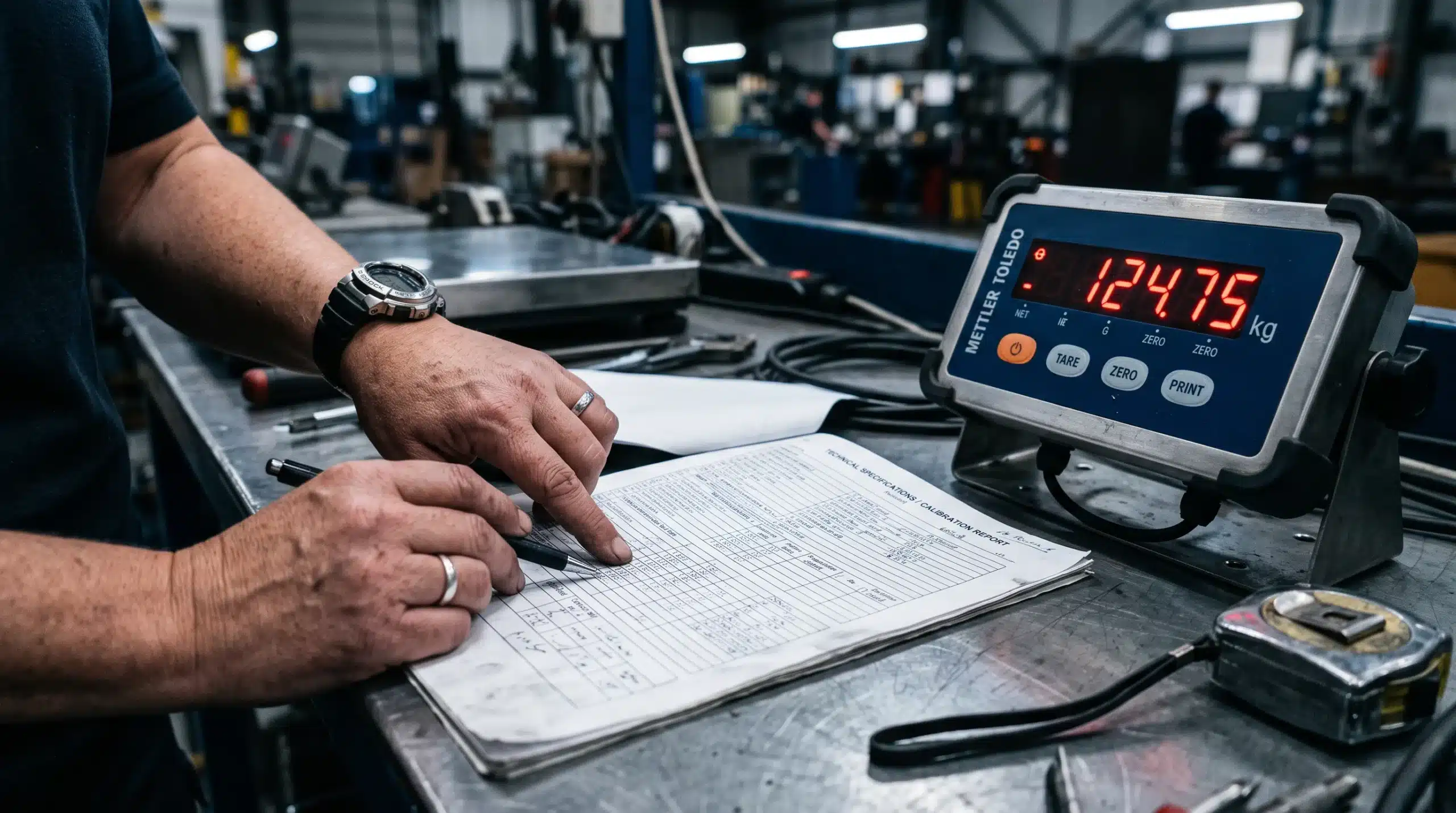 A weights and measures technician reviewing a printed copy of NIST NIST Handbook 44's Scale Code section next to a commercial platform scale