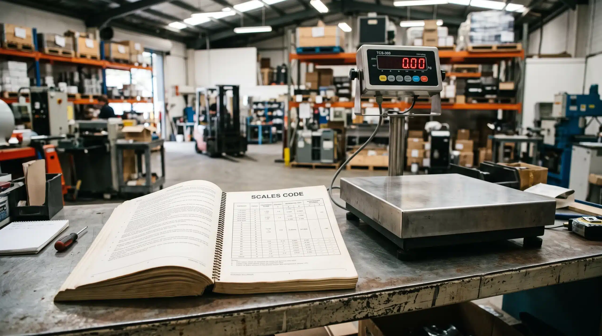 NIST Handbook 44 open to the Scales Code section beside a commercial platform scale