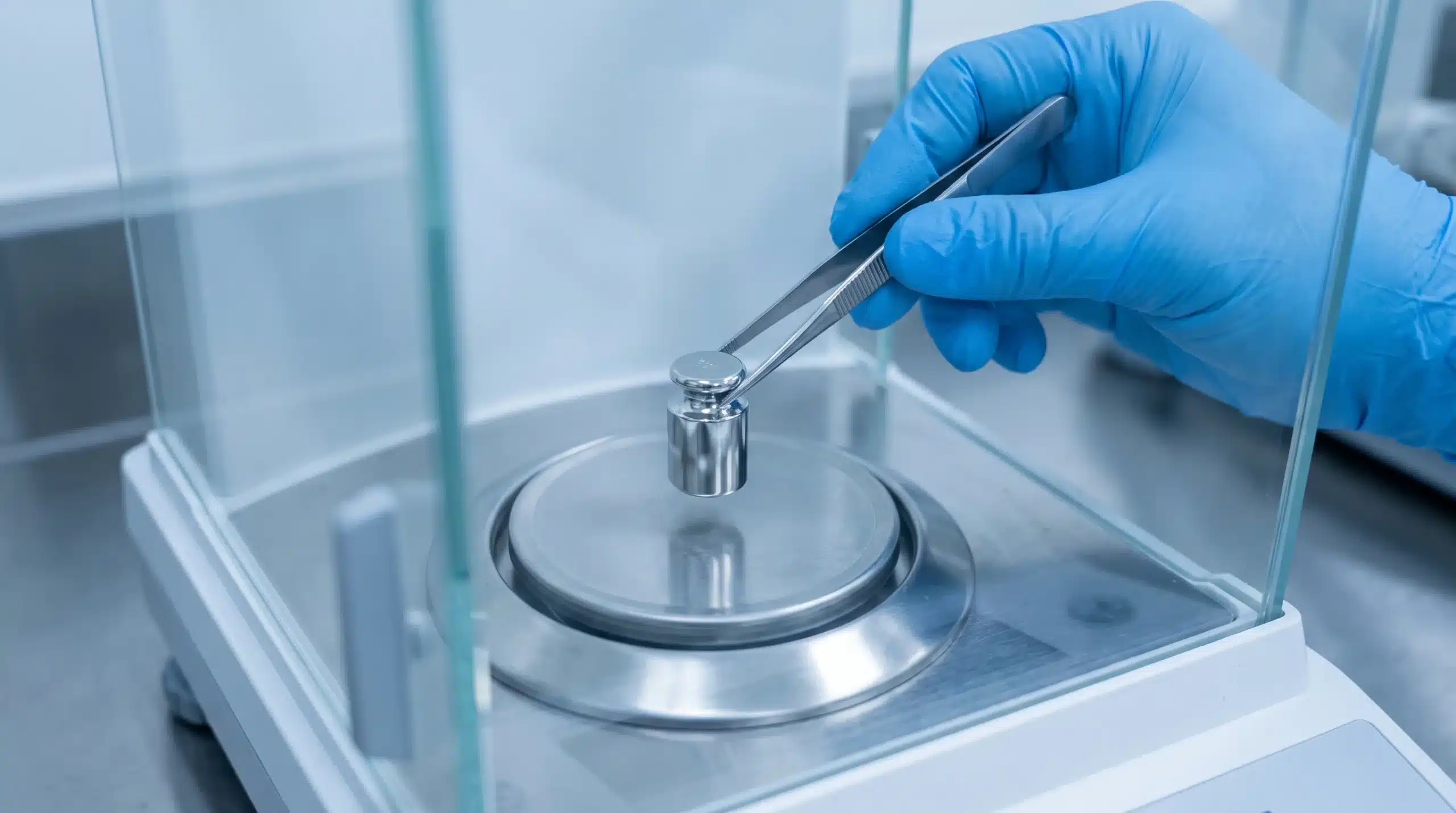 OIML Weight Classes Explained: E1, E2, F1, F2, M1, M2, M3 1 A gloved hand using tweezers to place a small stainless-steel OIML calibration weight onto an analytical balance