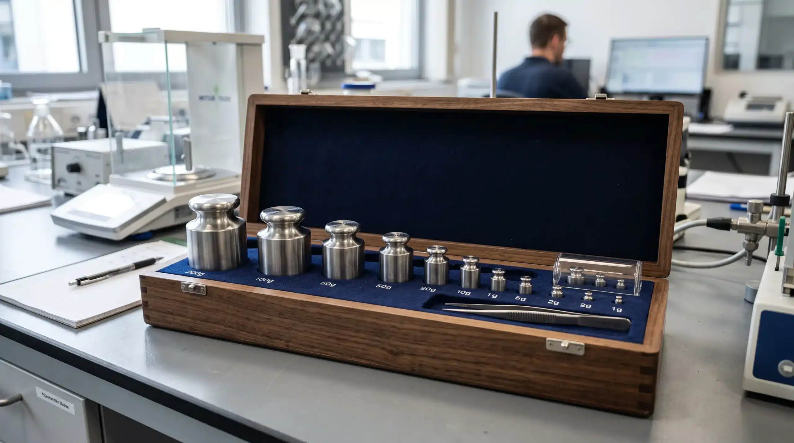 OIML weightclasses-stainless-steel calibration weights arranged by size in a fitted wooden case