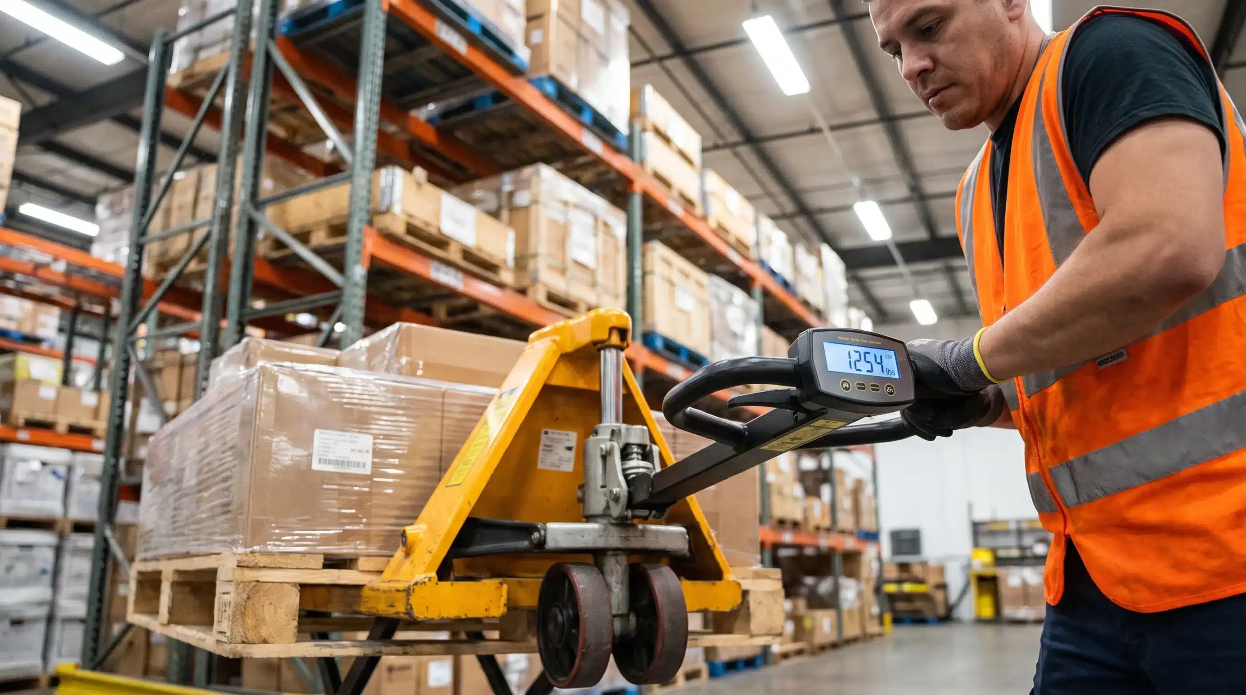 A warehouse worker operating a manual pallet jack scale with an integrated digital display