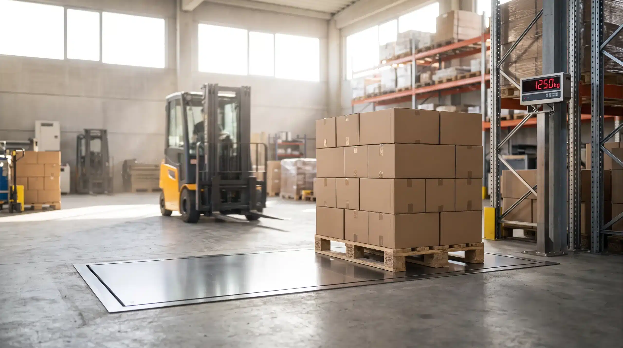 A low-profile pallet scales with a loaded pallet on a warehouse floor