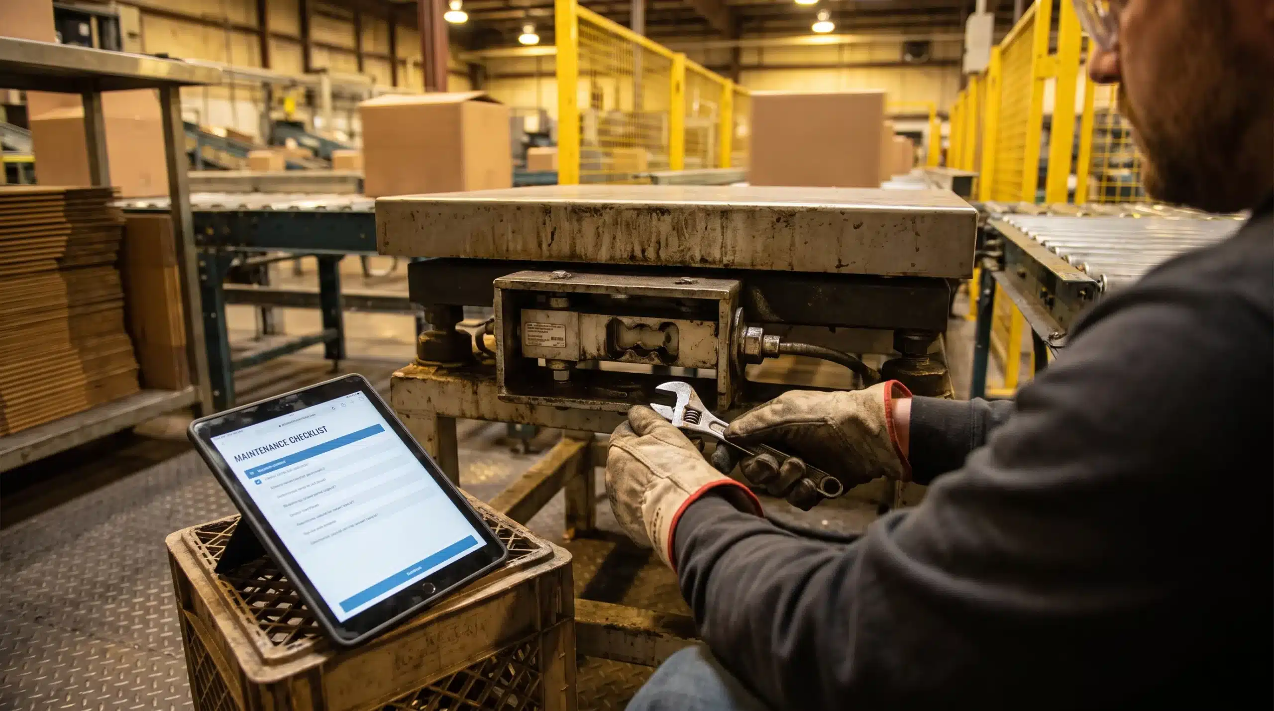 A technician's gloved hands inspecting an industrial scale's load cell mounting point during a maintenance check