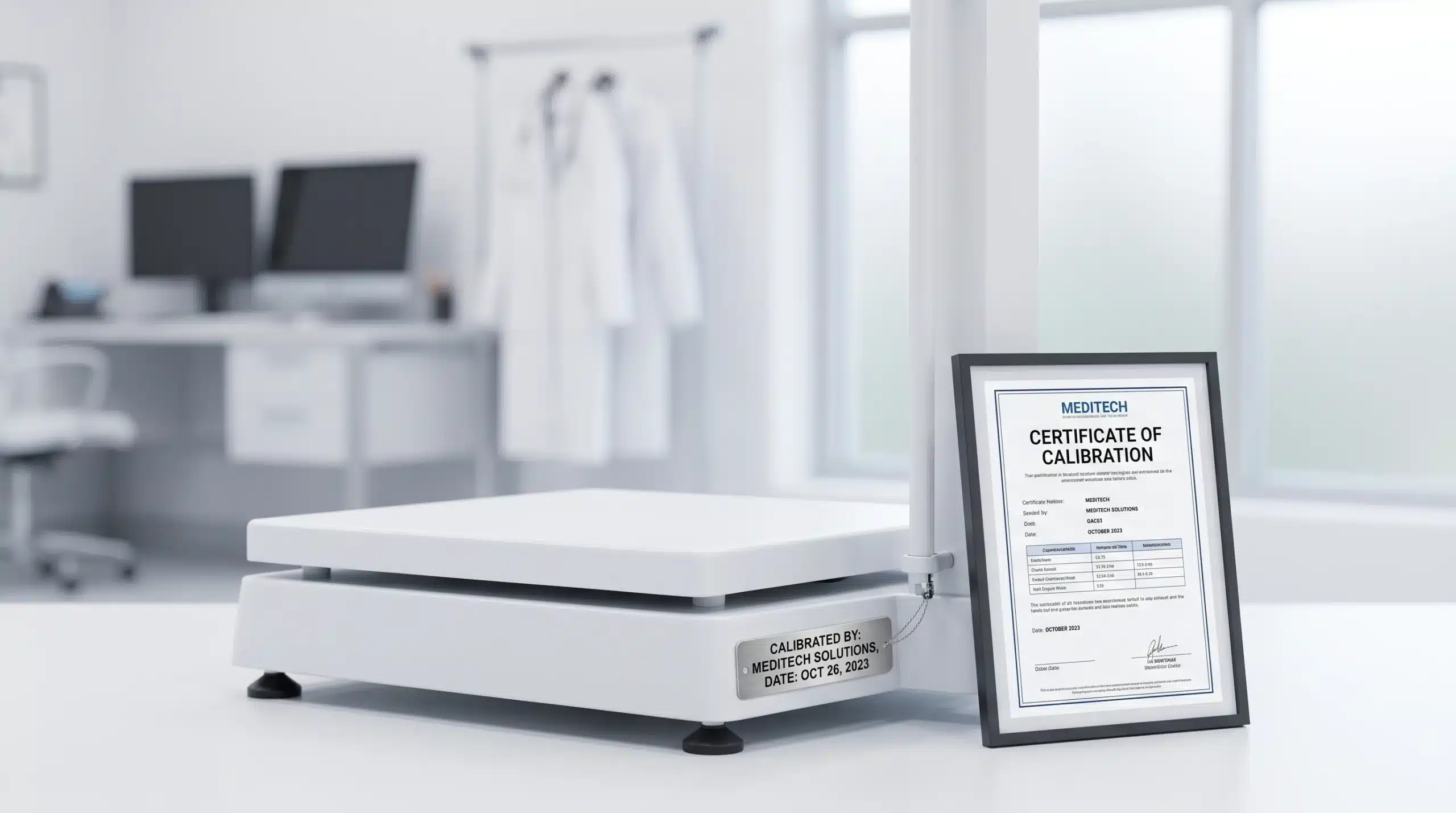 A medical platform scale with a calibration certificate showing accuracy requirements met