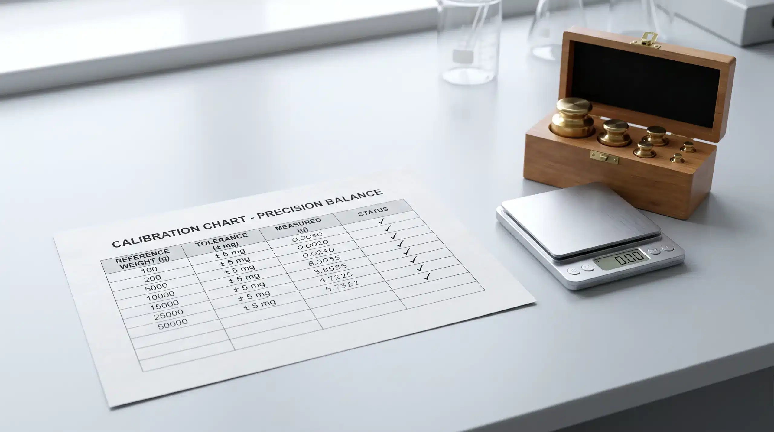 A printed scale calibration chart PDF document next to a digital scale and calibration weights
