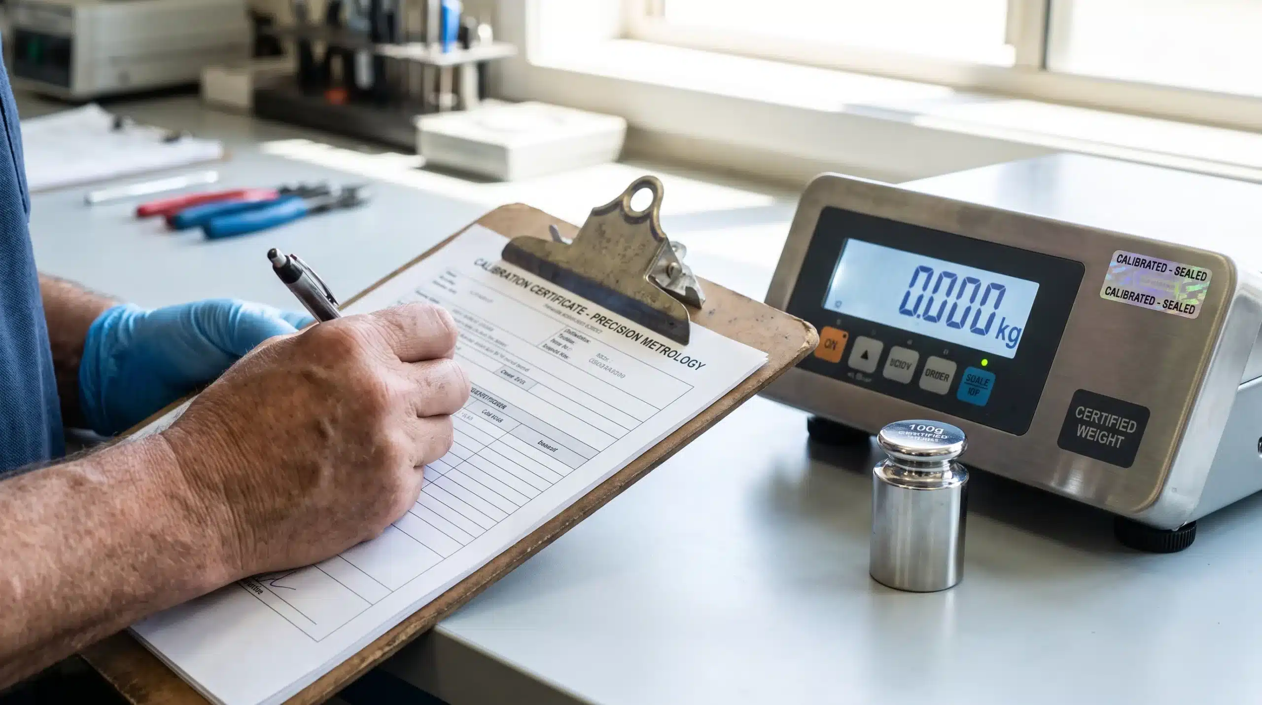 Scale Calibration Services: What They Actually Cost (2026) 1 A technician's hands filling out a calibration certificate next to a digital scale indicator and a certified test weight