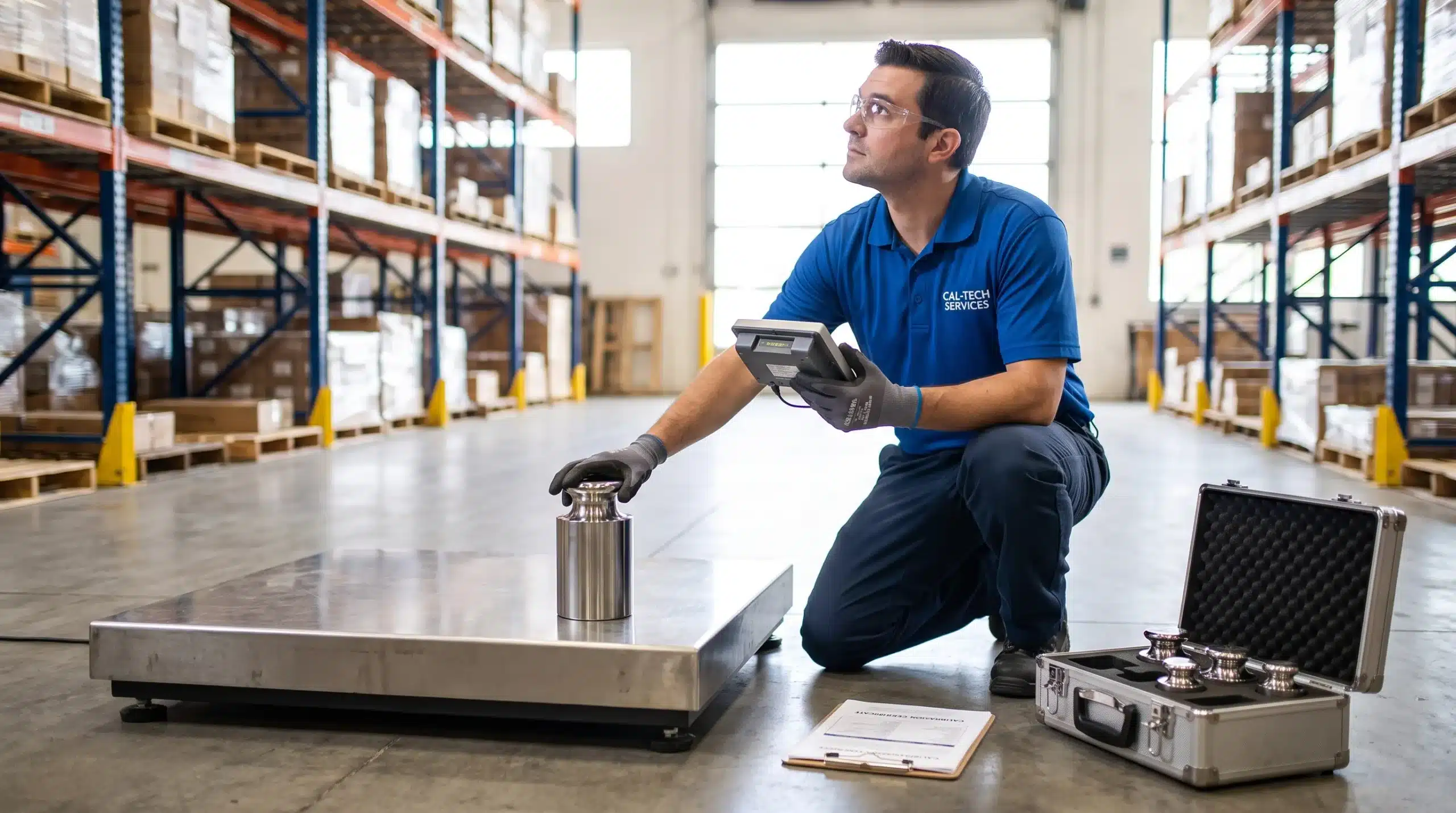 Scale calibration services technician placing a certified test weight on an industrial platform scale while checking a digital indicator