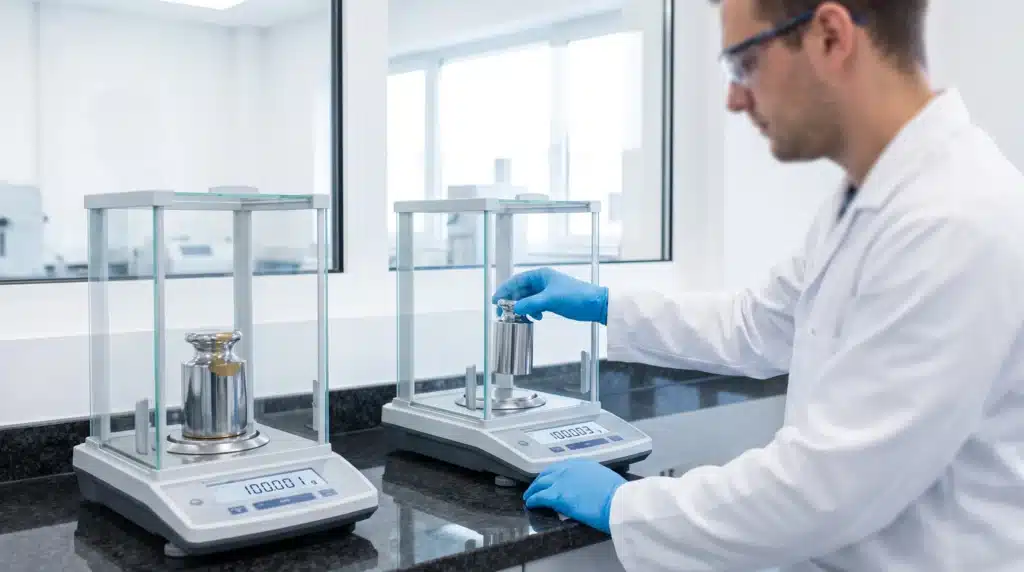 Two analytical balances comparing stainless steel calibration weights against a chrome-plated brass weight