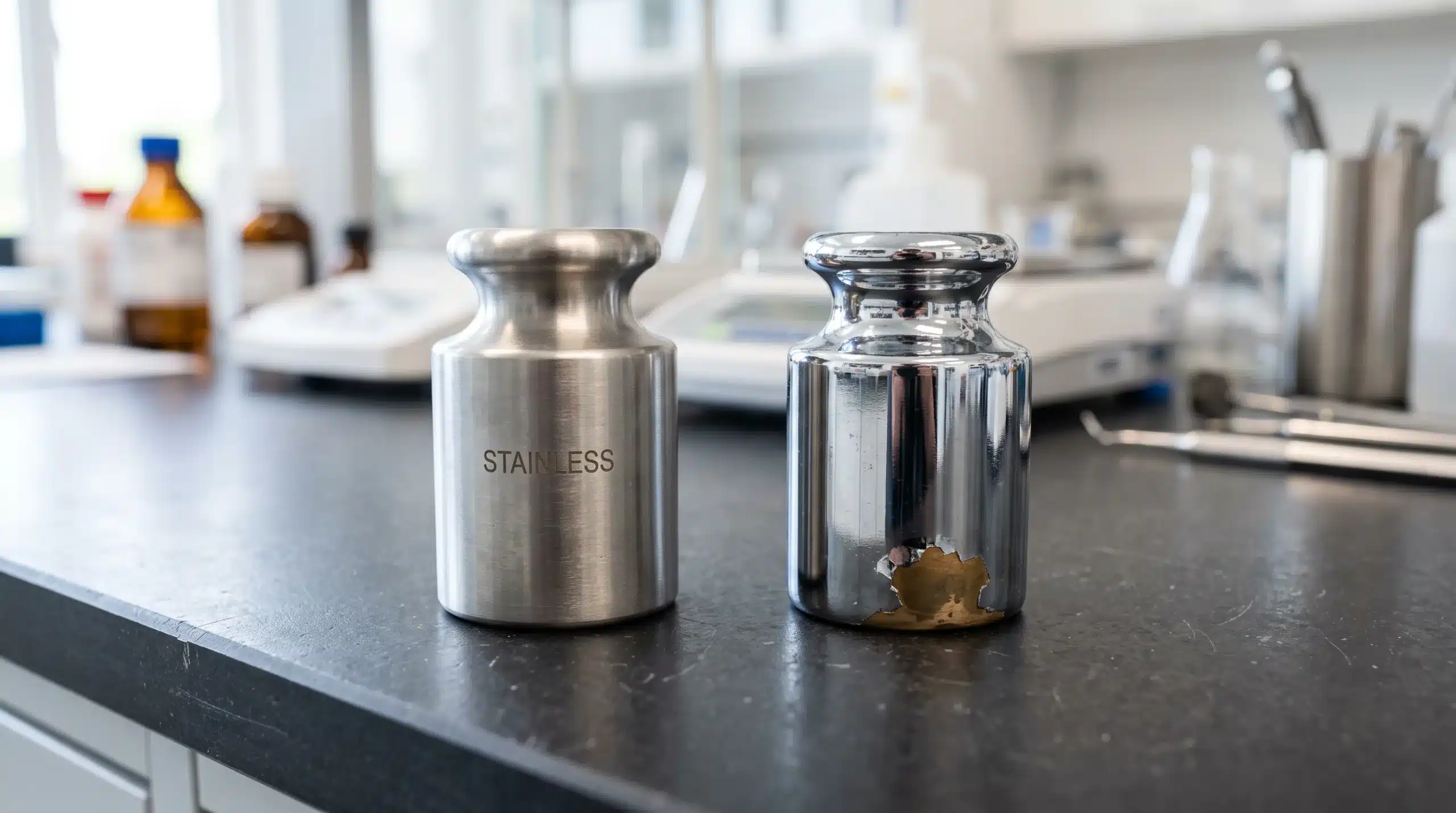 A stainless steel calibration weight next to a chipped chrome-plated brass weight