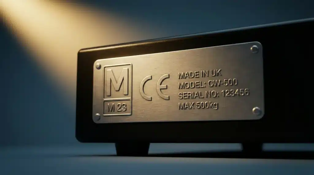 A UK trade-approved weighing scale regulations and showing its M mark and CE marking on the nameplate