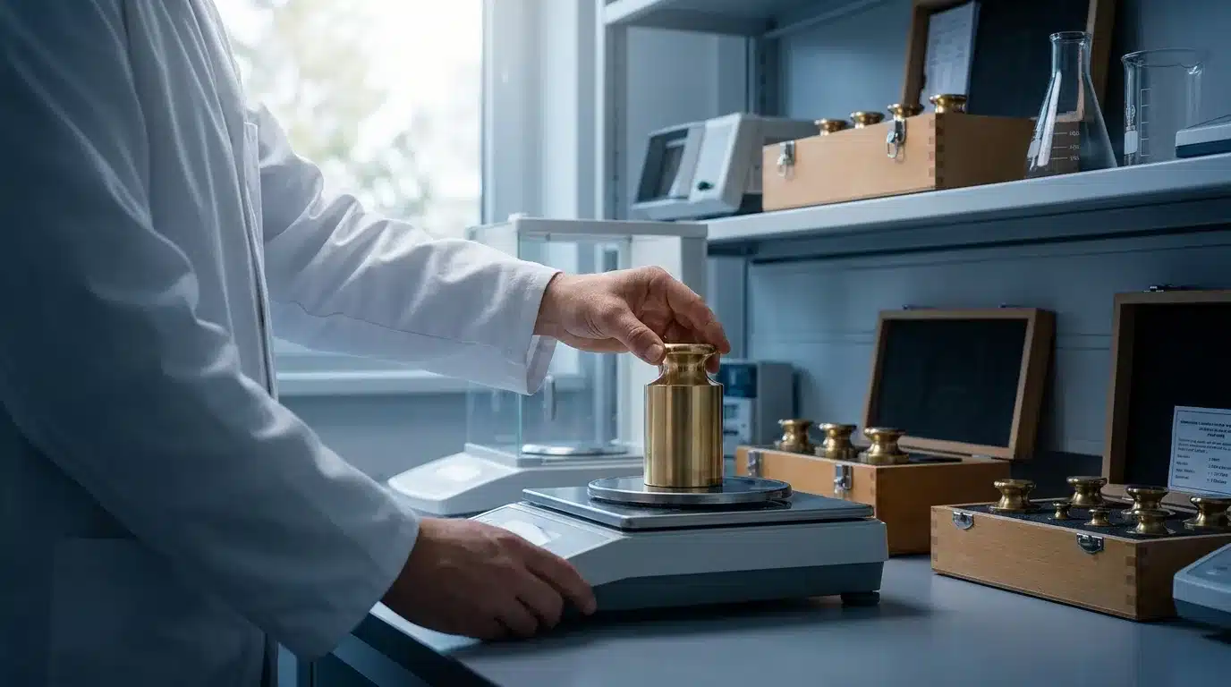A technician placing a certified brass calibration weight on a precision balance during UKAS scale calibration