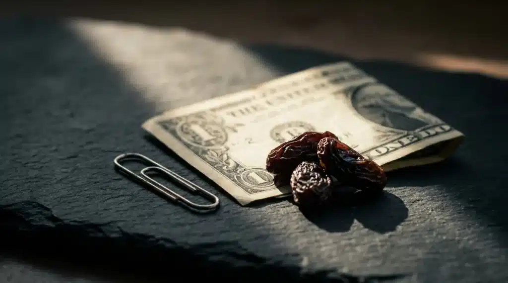 A paperclip, a dollar bill, and raisins on a precision pocket scale