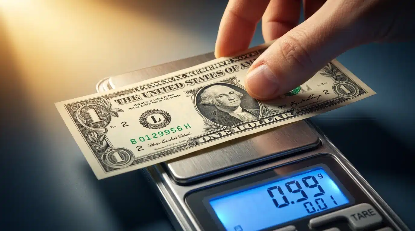 Placing a US dollar bill on a digital gram scale to check a 1 gram reading