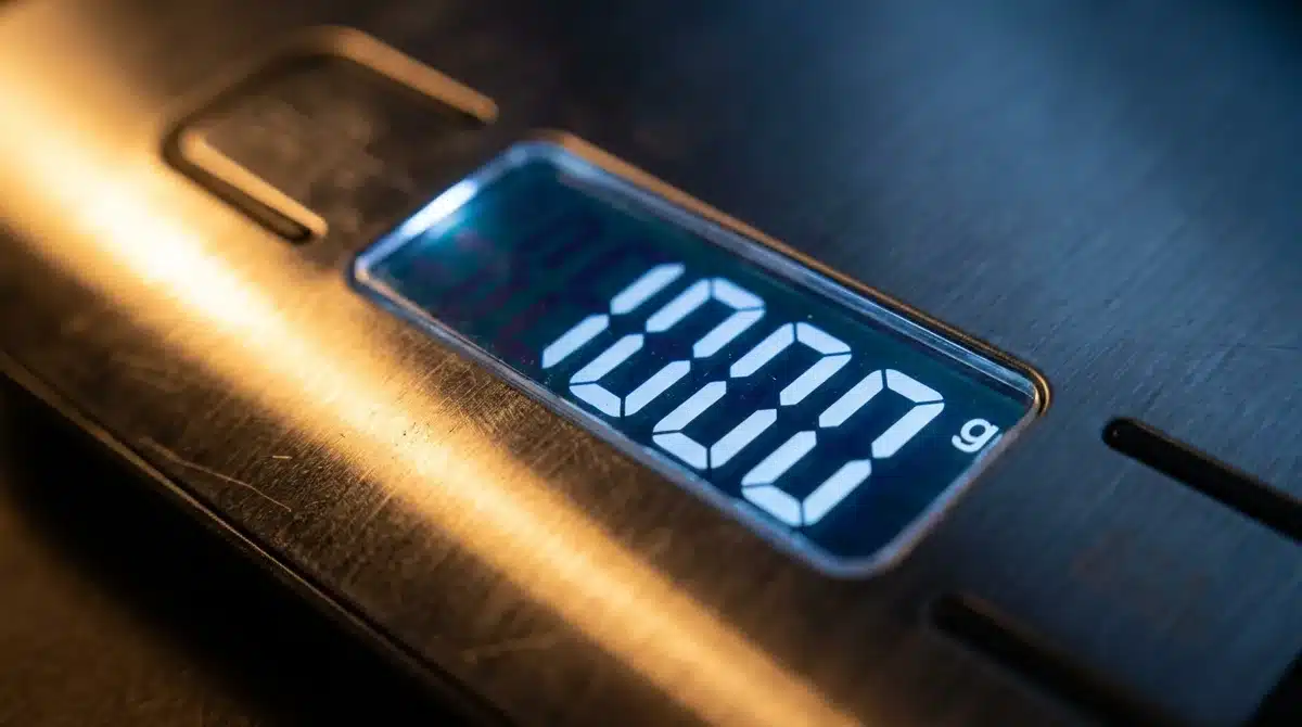 Digital scale display showing 1 kilogram (1000 grams)