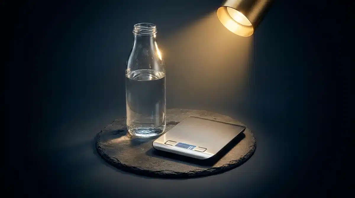 What weighs 1 kilogram example -1 liter water bottle and a kitchen scale reading 1 kilogram